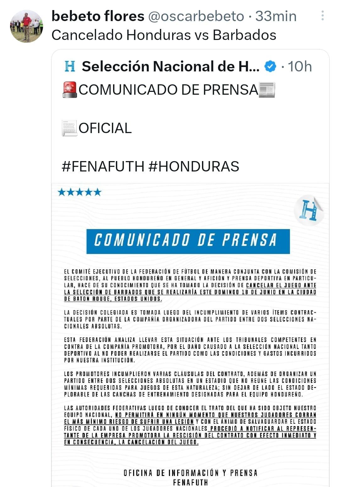 Prensa hondureña reacciona tras confirmarse la suspensión del partido amistoso entre Honduras vs Barbados