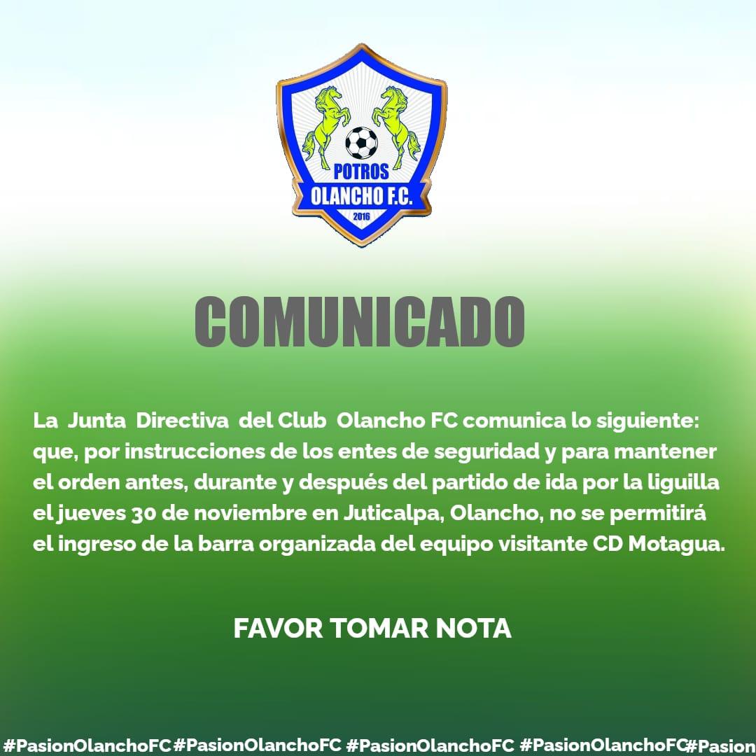 El comunicado que lanzó Olancho FC sobre la seguridad para el partido ante Motagua.