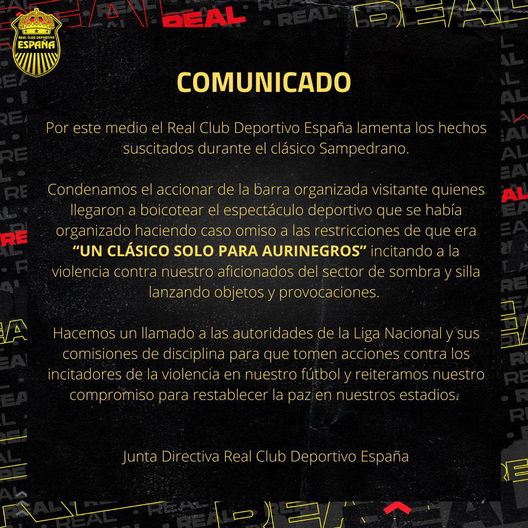 Comunicado oficial del Real España después de los actos vandálicos en el Morazán que acabaron con la suspensión del clásico sampedrano
