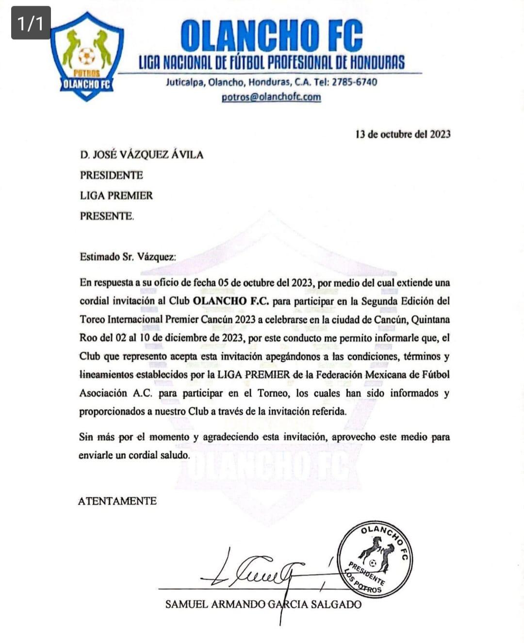 La respuesta del Olancho FC a la Federación Mexicana de Fútbol previo al torneo invitacional.