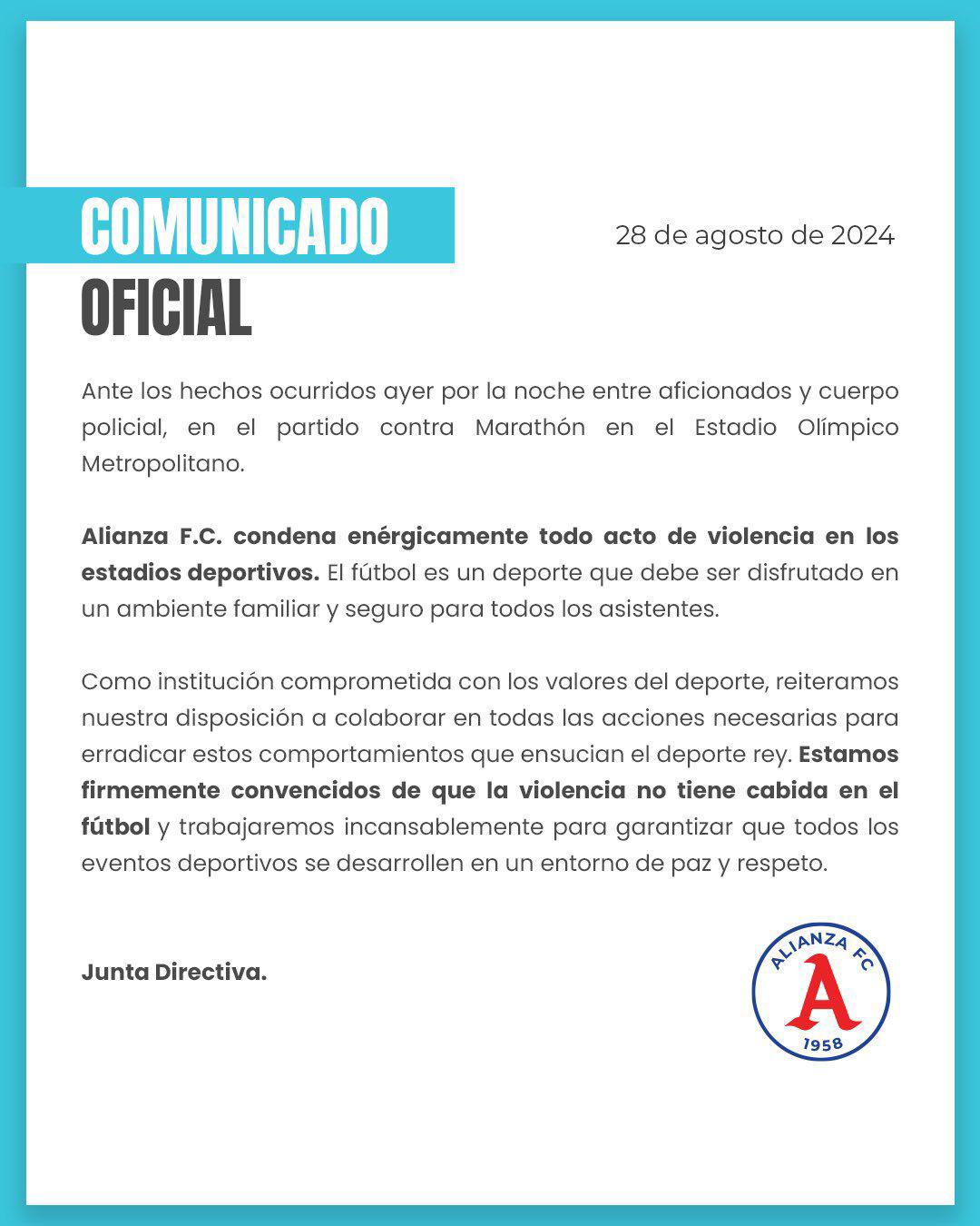 El comunicado del Alianza tras el zafarrancho entre las barras del Marathón y Alianza.