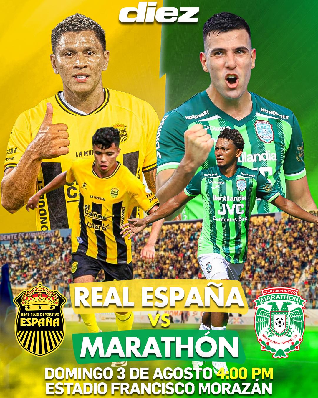 Real España y Marathó se miden a las 4:00 PM en el Estadio Morazán. Arte: Rigoberto Días.