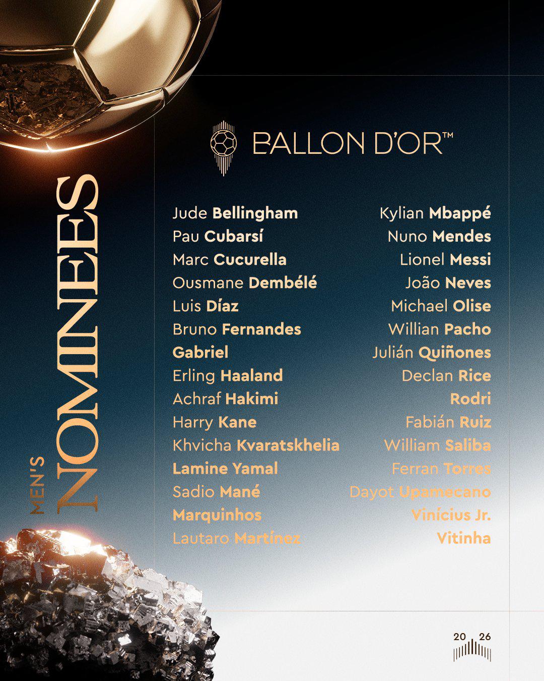 Los 30 nominados para ganar el Balón de Oro 2026 que se entregará el 26 de octubre en Londres.