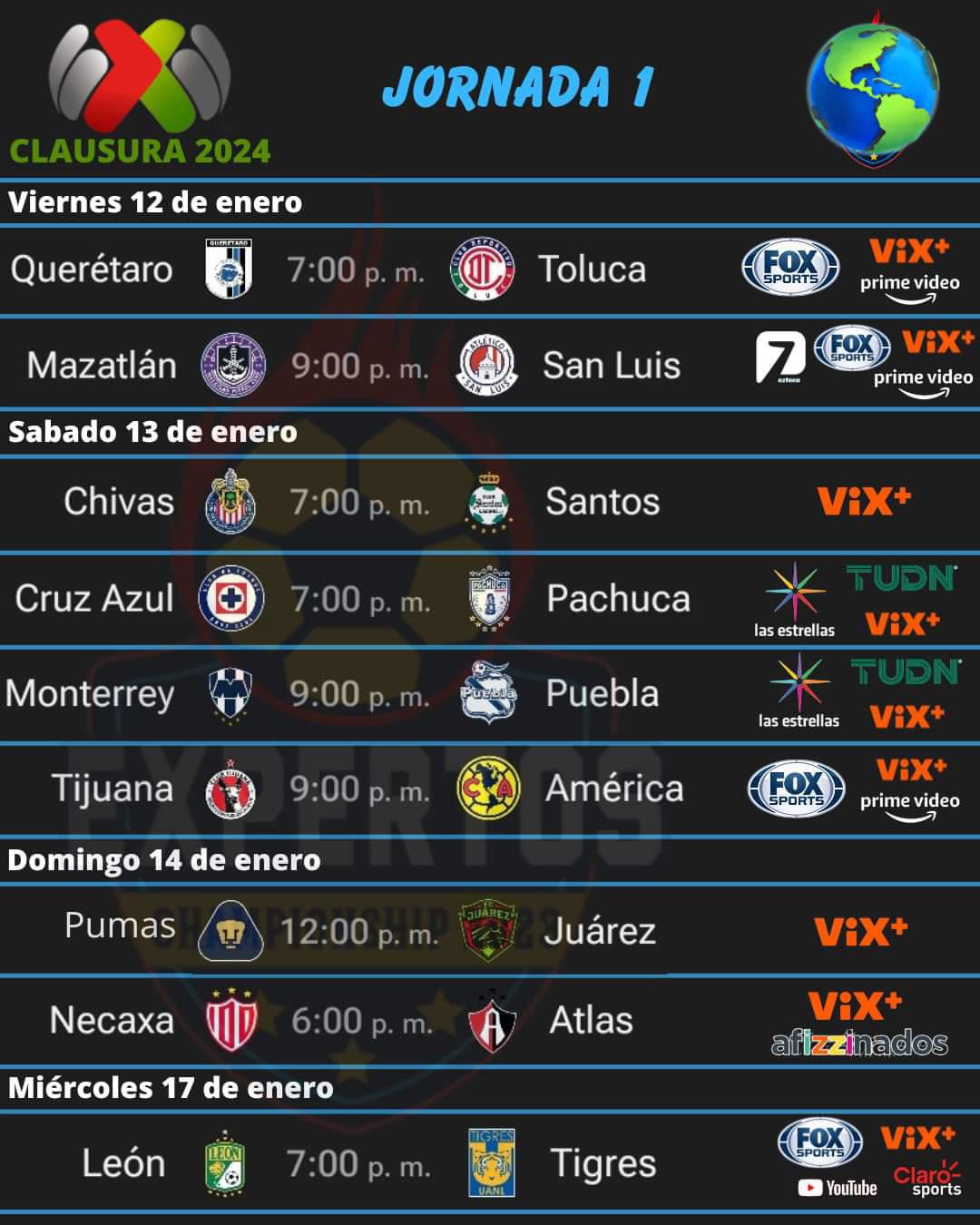 Así se jugará la primera jornada del Clausura 2024 del fútbol mexicano.