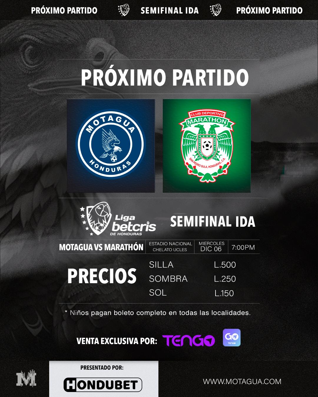 Los precios establecidos del choque entre Motagua-Marathón, duelo de ida de semifinales en el Nacional Chelato Uclés.