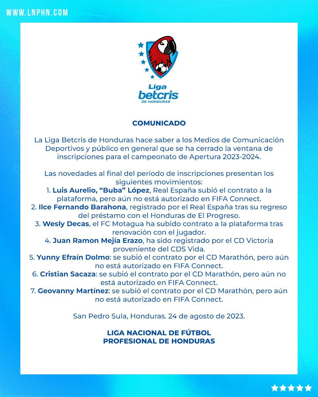 Comunicado sobre el cierre de inscripciones del torneo de Apertura 2023-2024.