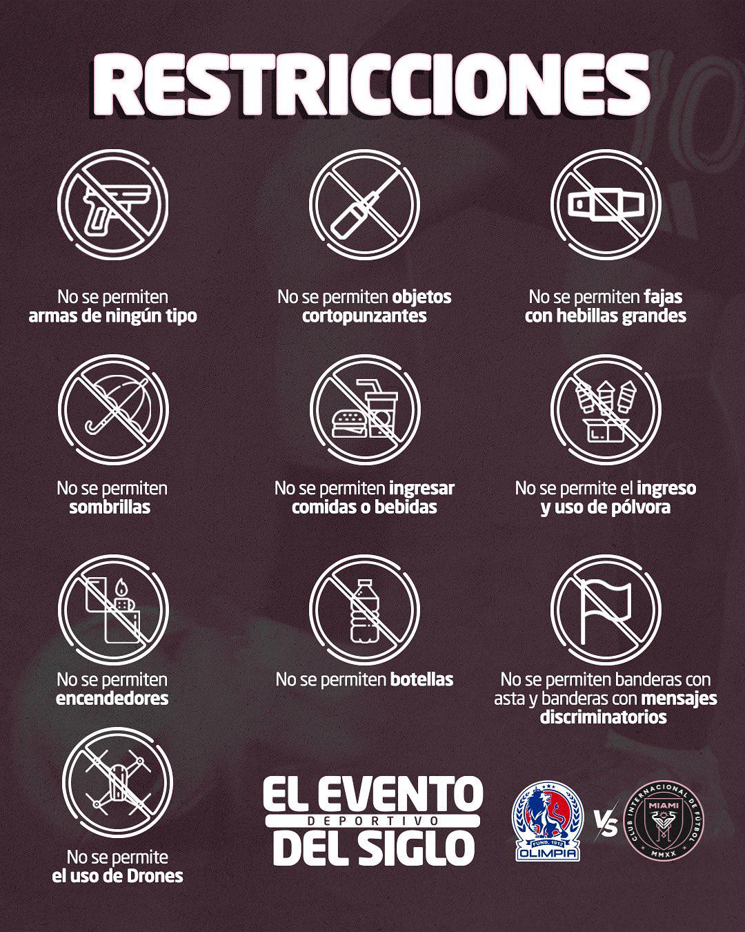Estas son las cosas que los aficionados no pueden llevar al estadio para el partido entre Olimpia y el Inter Miami.