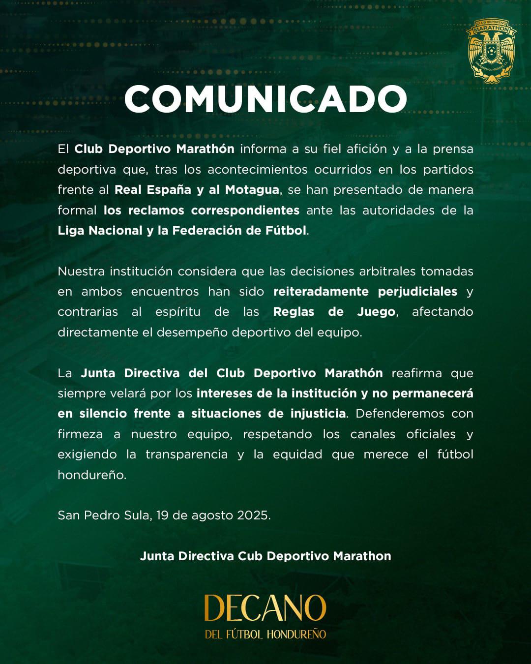 El duro comunicado de Marathón tras errores arbitrales en los clásicos ante Motagua y Real España.