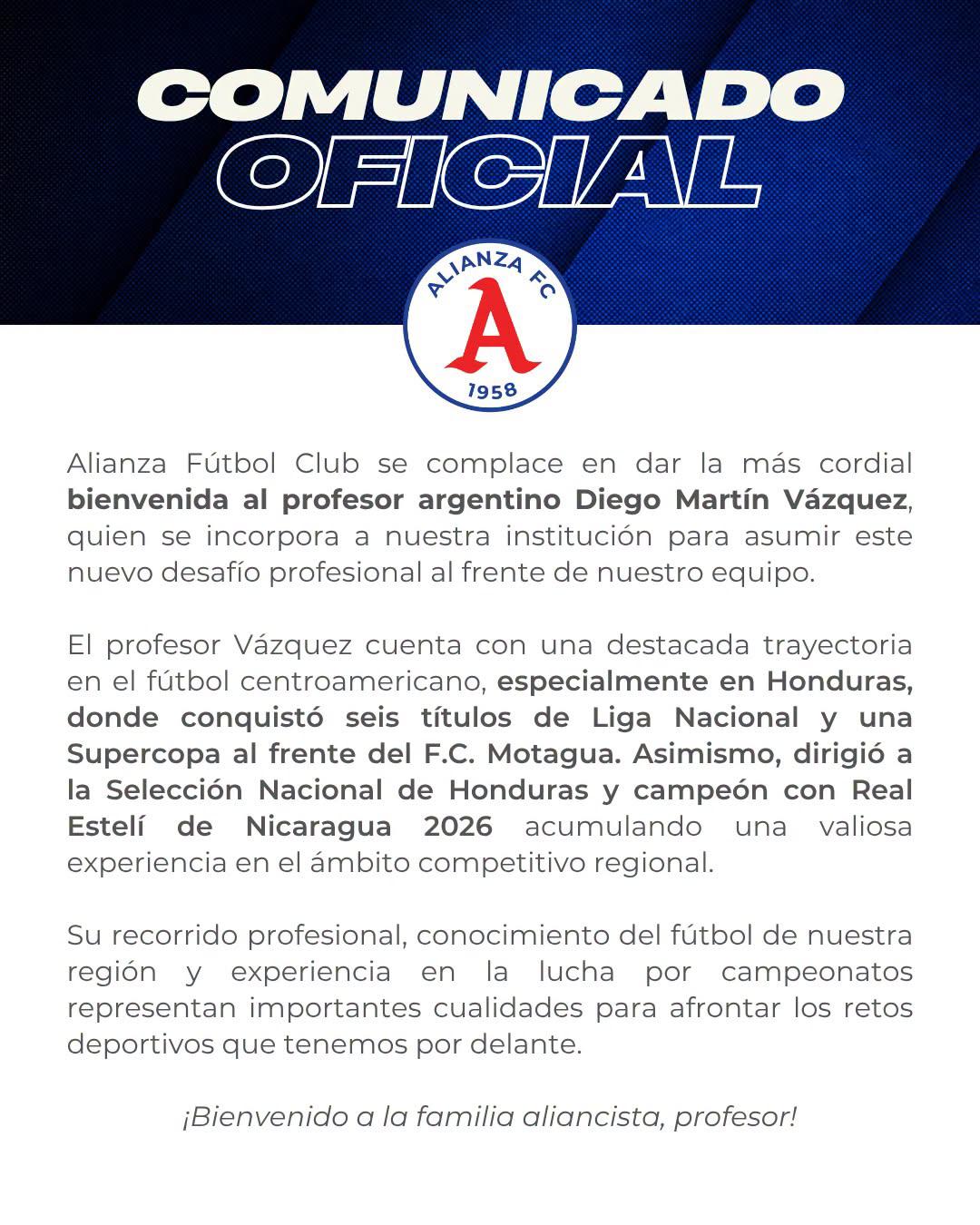 El comunicado oficial de la contratación de Diego Vázquez por el Alianza de El Salvador.