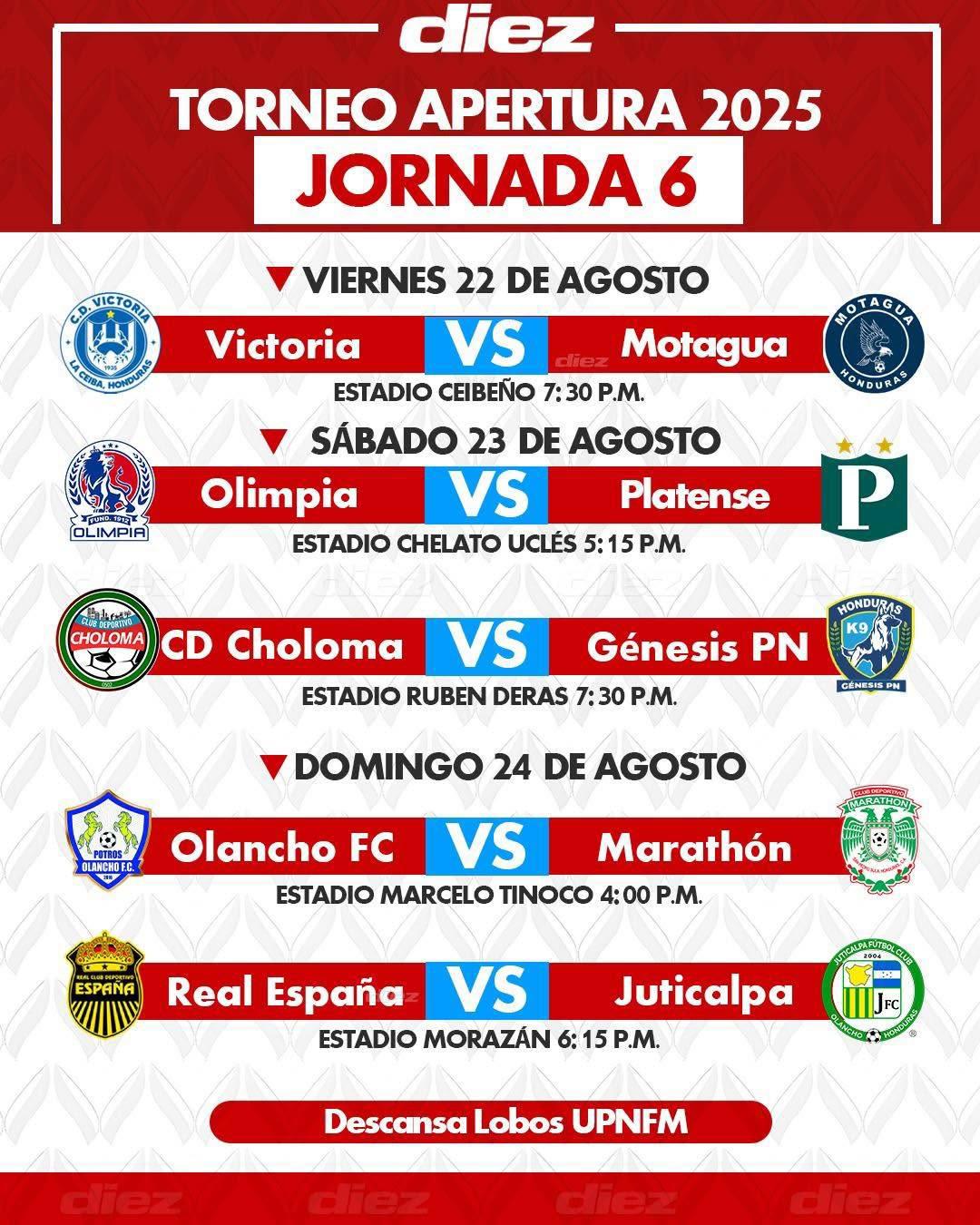 Así se disputará la jornada seis del torneo Apertura 2025 de Liga Nacional.
