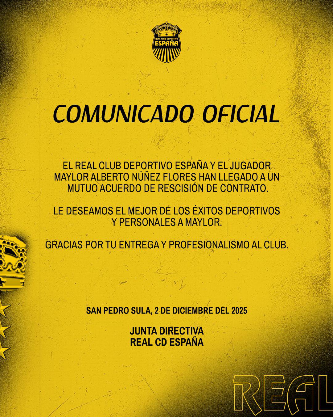Real España anunció la salida de Maylor Núñez, lateral derecho al que le faltaba un año de contrato.
