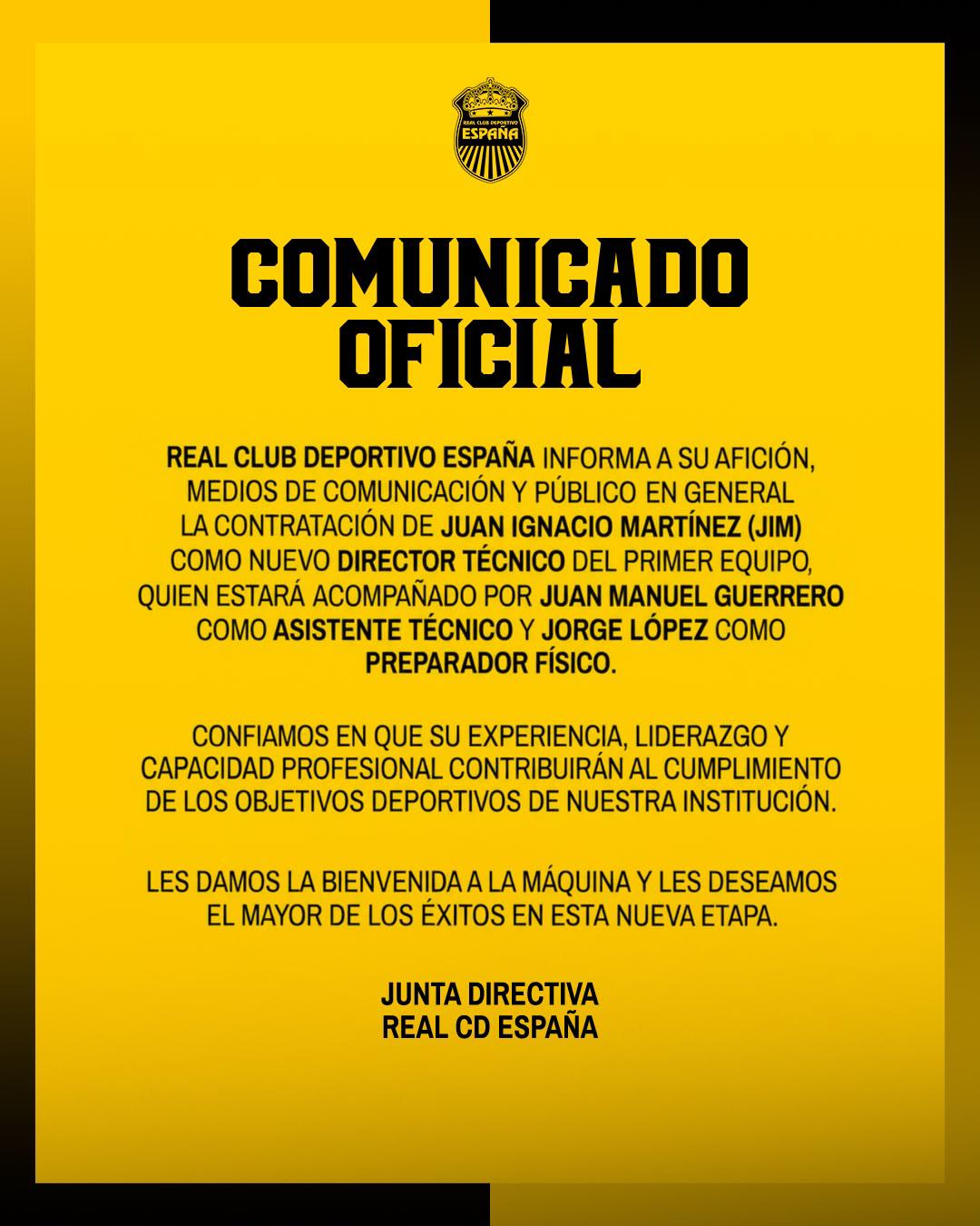 Real España anunció este domingo el fichaje del entrenador español Juan Ignacio Martínez.