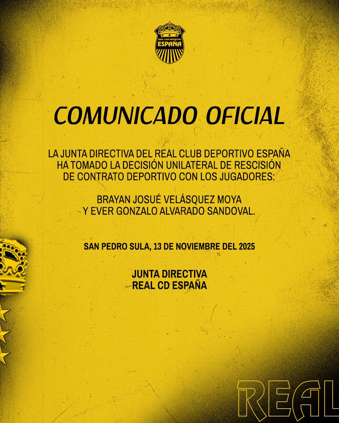 Giro inesperado: Real España anuncia la rescisión de contrato de Bryan Moya y otro futbolista en pleno Apertura 2025