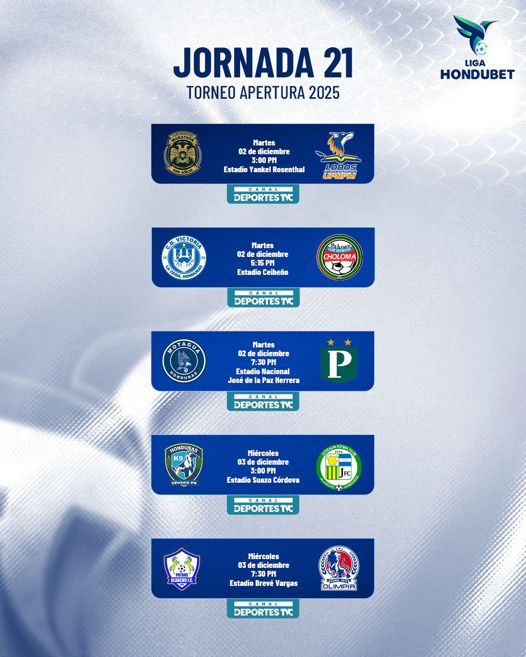 Así se disputará la jornada 21 del torneo Apertura 2025 de la Liga Nacional de Honduras.