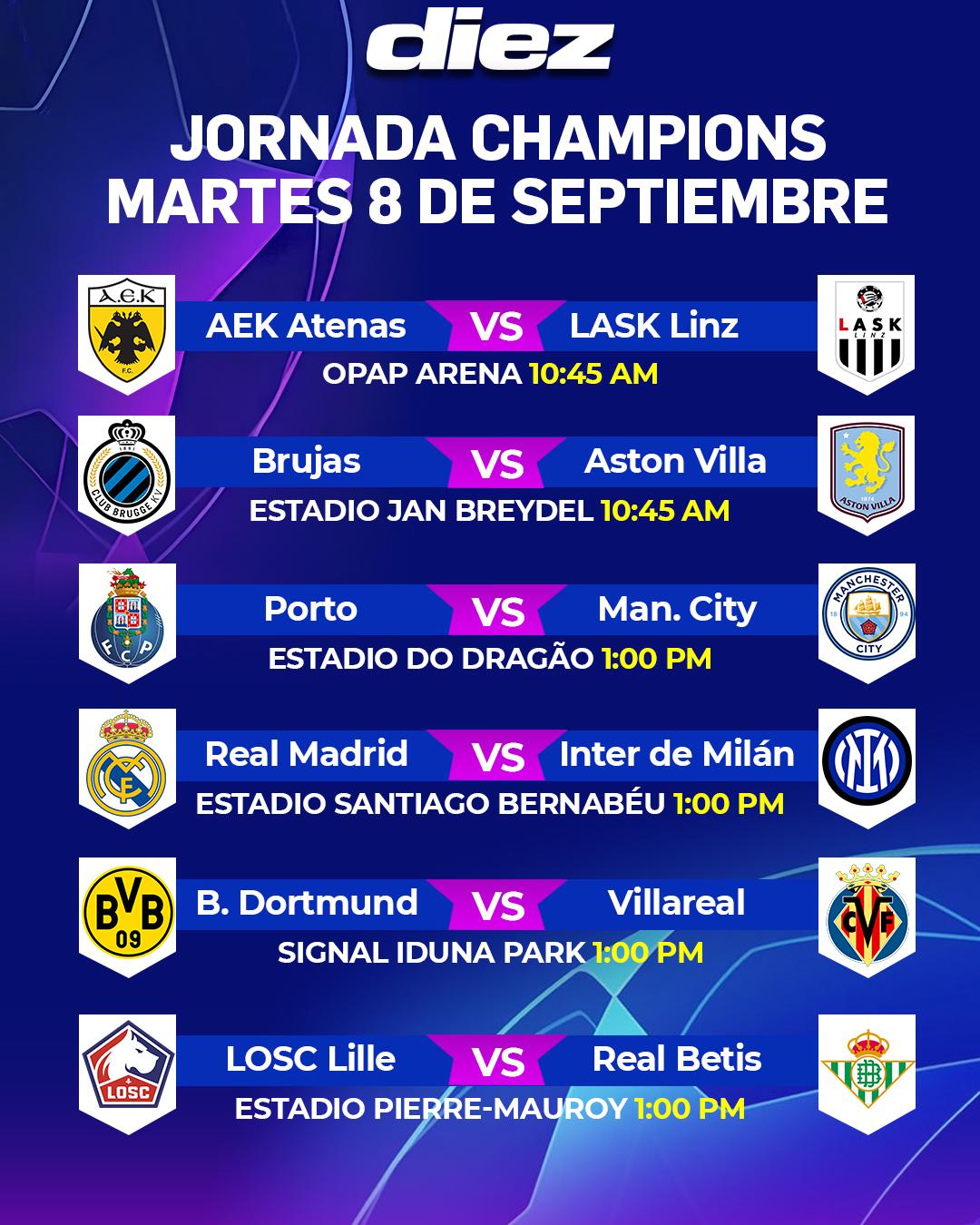 Los seis partidos que se jugarán este martes en el estreno de la Champions League.