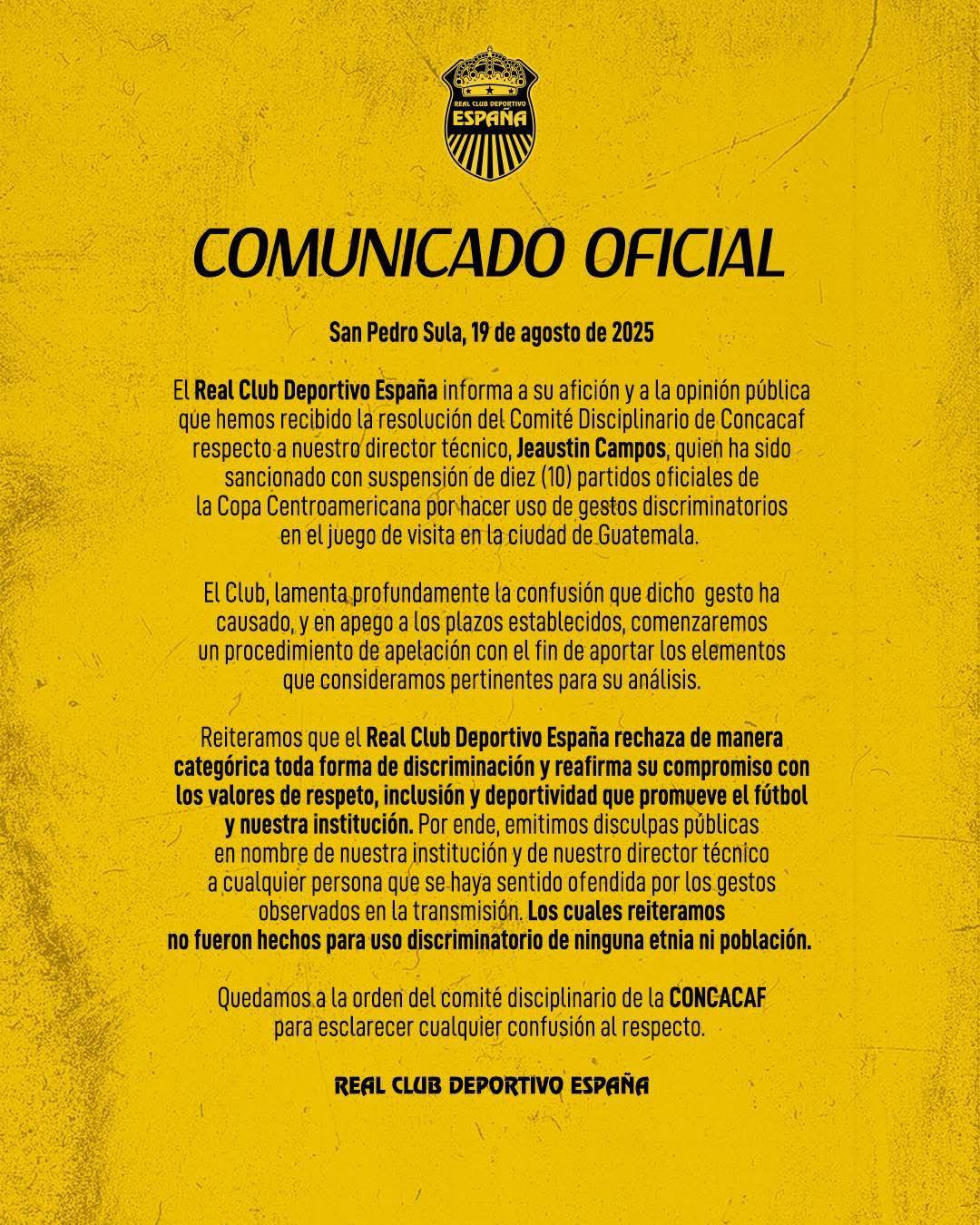 Comunicado de Real España tras la sanción impuesta a Jeaustin Campos por la Concacaf.