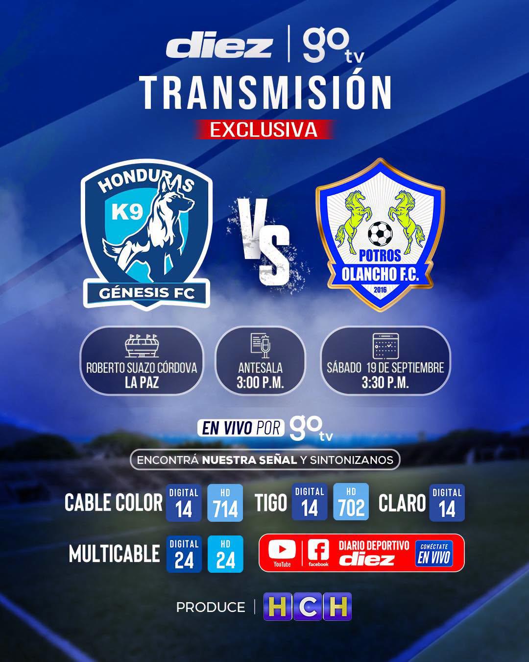 El Génesis FC vs Olancho FC se transmitirán por GO TV, DIEZ y HCH.