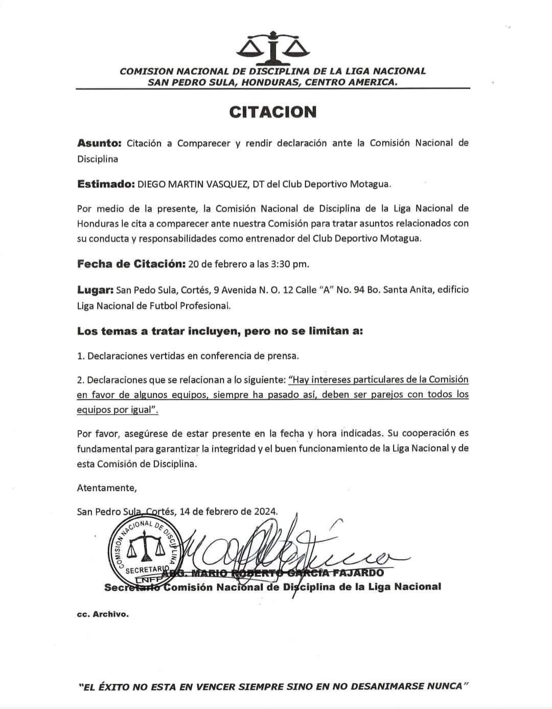 La citación que le hicieron a Diego Vázquez por parte de la Comisión de Disciplina.