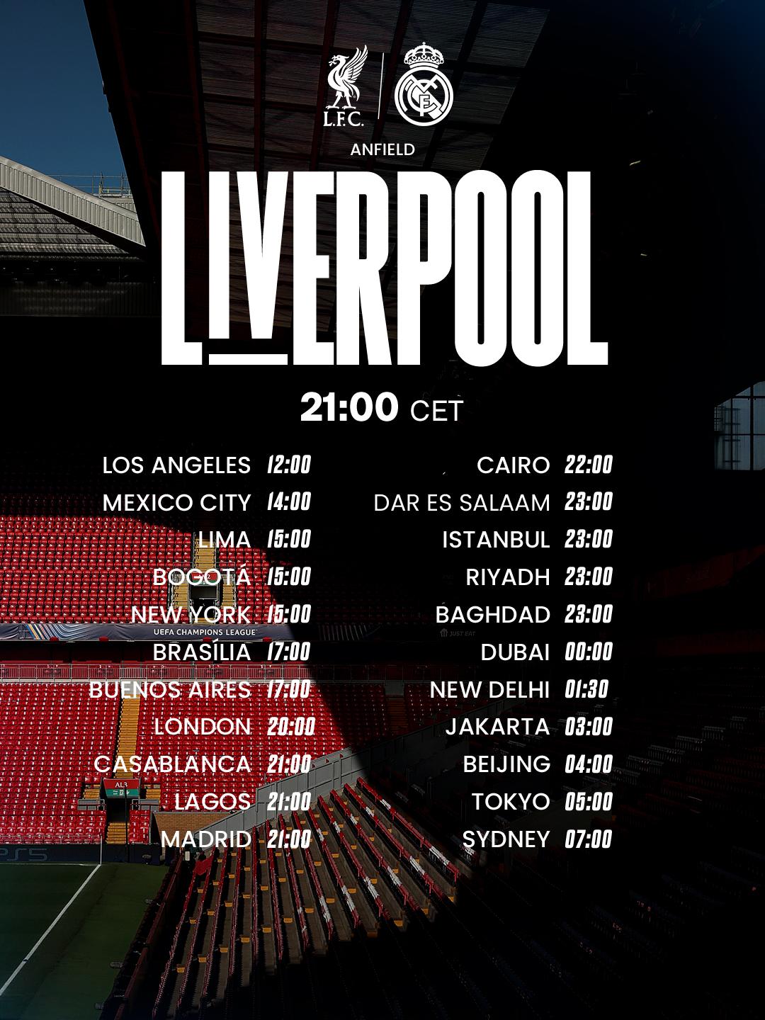 Los horarios por el mundo del Liverpool-Real Madrid que se jugará en la Champions.