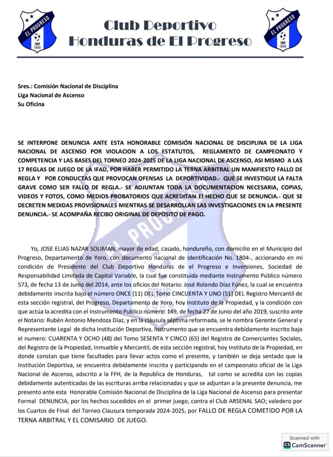 Comisión de Disciplina citó al presidente del Honduras Progreso tras denuncia en juego contra Arsenal SAO