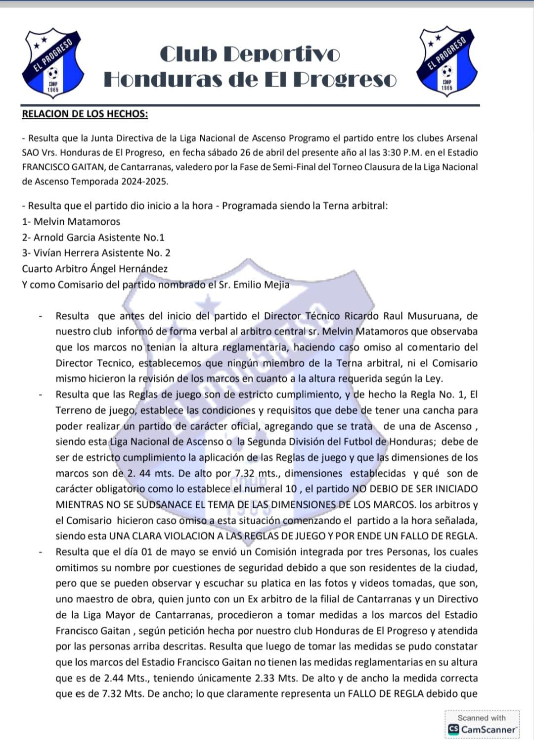 Comisión de Disciplina citó al presidente del Honduras Progreso tras denuncia en juego contra Arsenal SAO