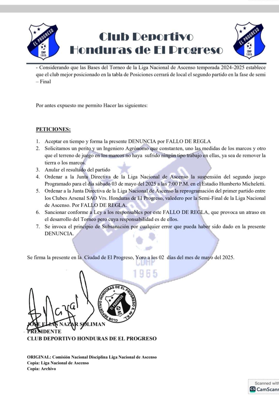 Comisión de Disciplina citó al presidente del Honduras Progreso tras denuncia en juego contra Arsenal SAO