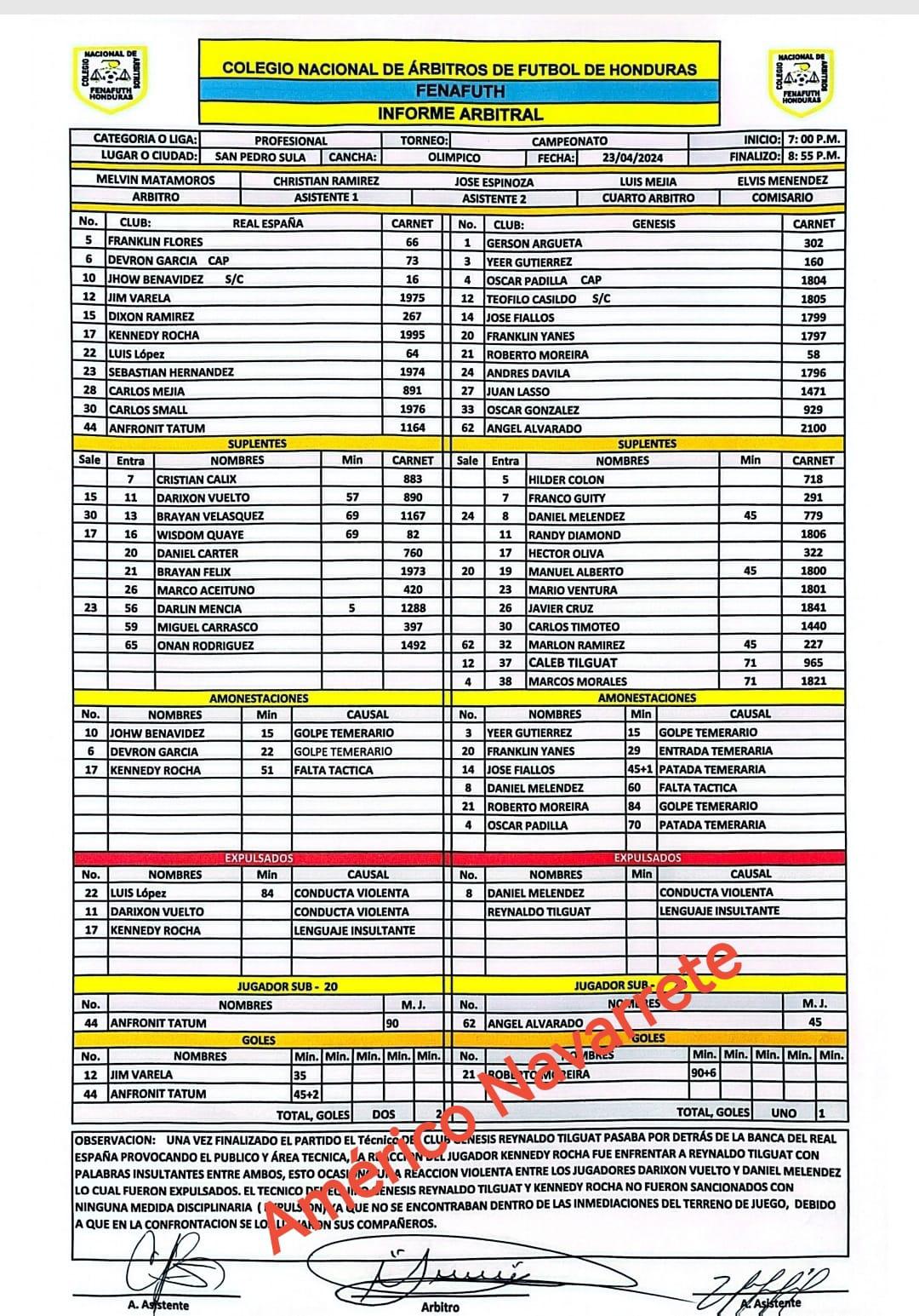 Lo que Melvin Matamoros insertó en el acta arbitral: Los expulsados al final del partido de los que nadie se enteró