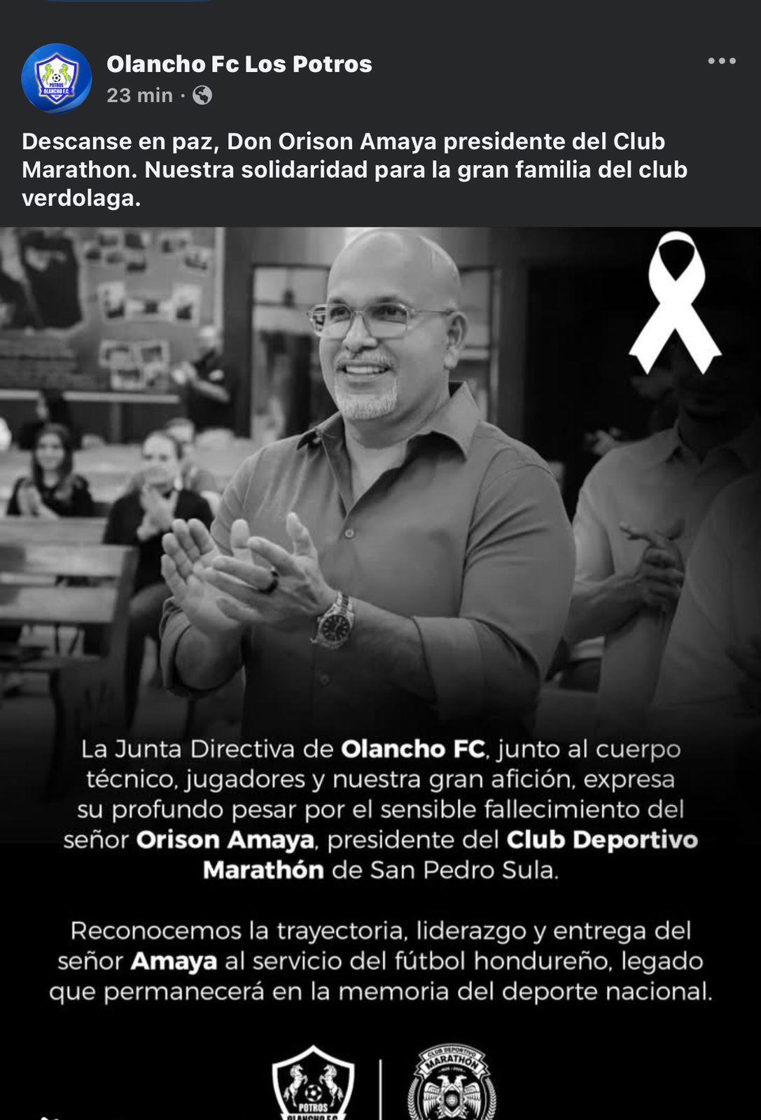 Pachuca y los equipos de la Liga Nacional despiden al presidente de Marathón, Orinson Amaya: Permanecerá en nuestros corazones