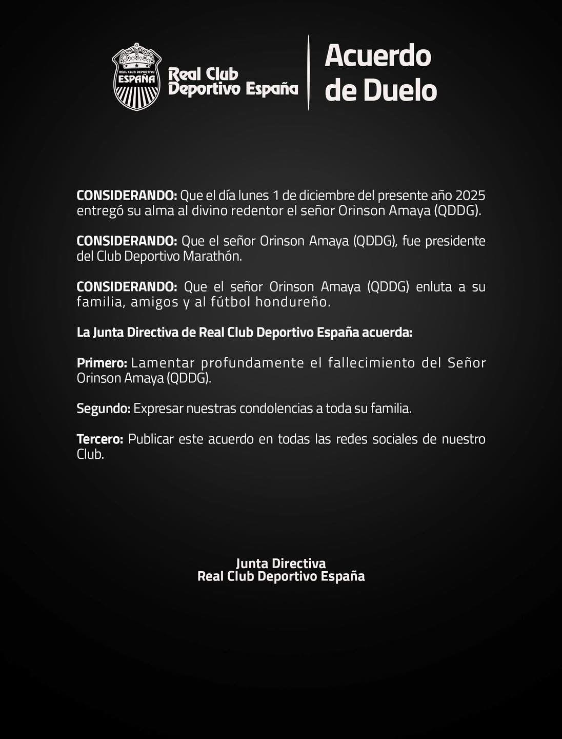 Pachuca y los equipos de la Liga Nacional despiden al presidente de Marathón, Orinson Amaya: Permanecerá en nuestros corazones