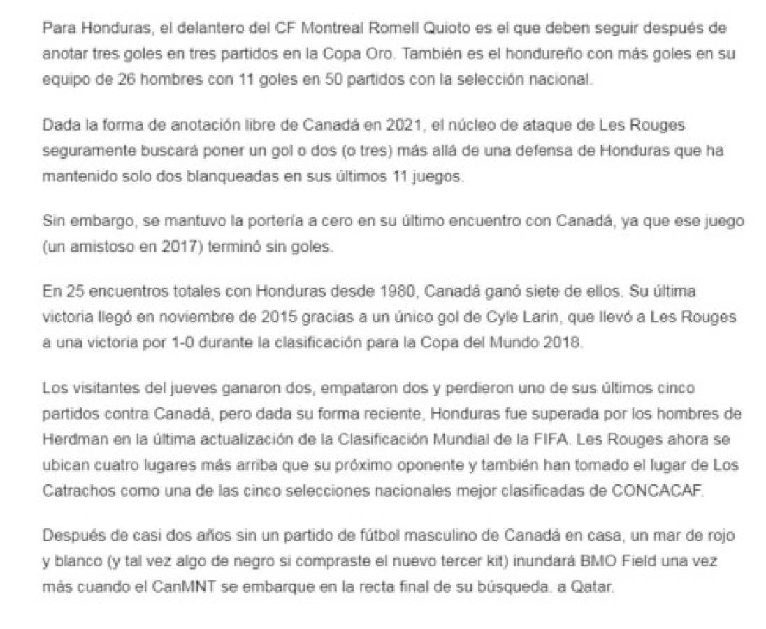 'Prueba real': Prensa internacional y los pronósticos para el Canadá-Honduras por las Eliminatorias rumbo a Qatar 2022  