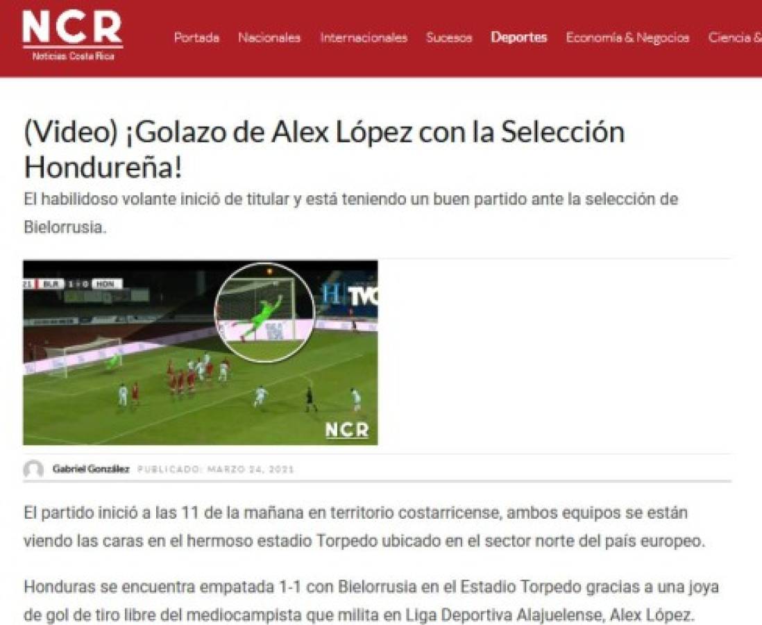 Prensa Internacional elogia a Alex López por su golazo en el empate de Honduras ante Bielorrusia