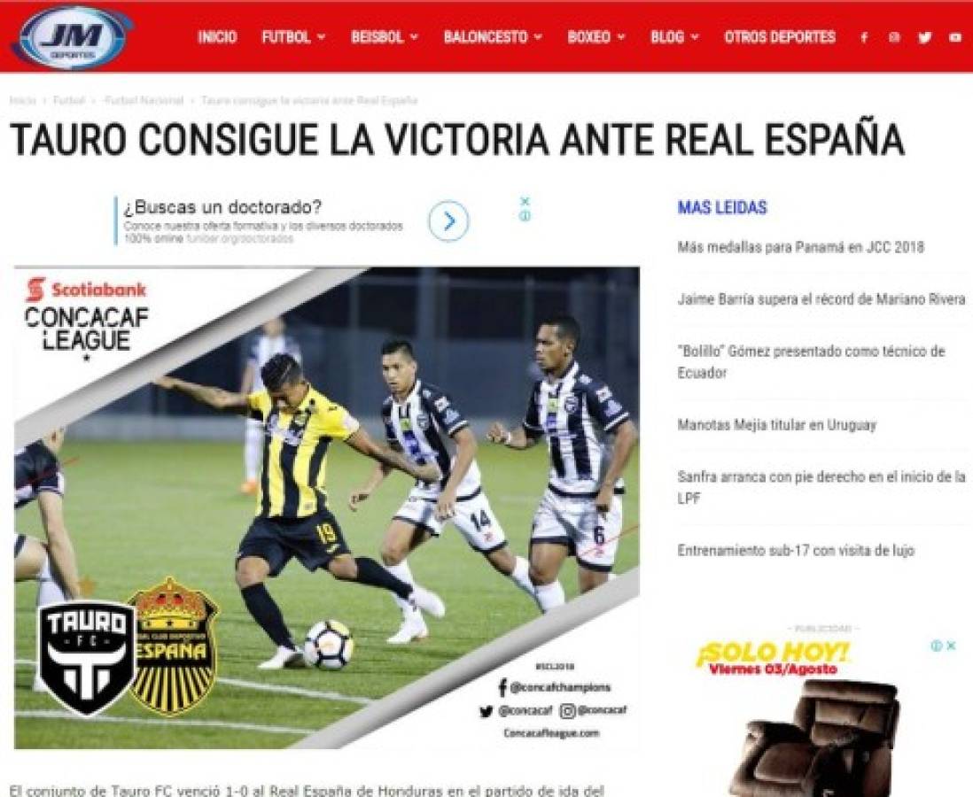 Portadas de los diarios internacionales sobre derrota de Real España ante Tauro FC