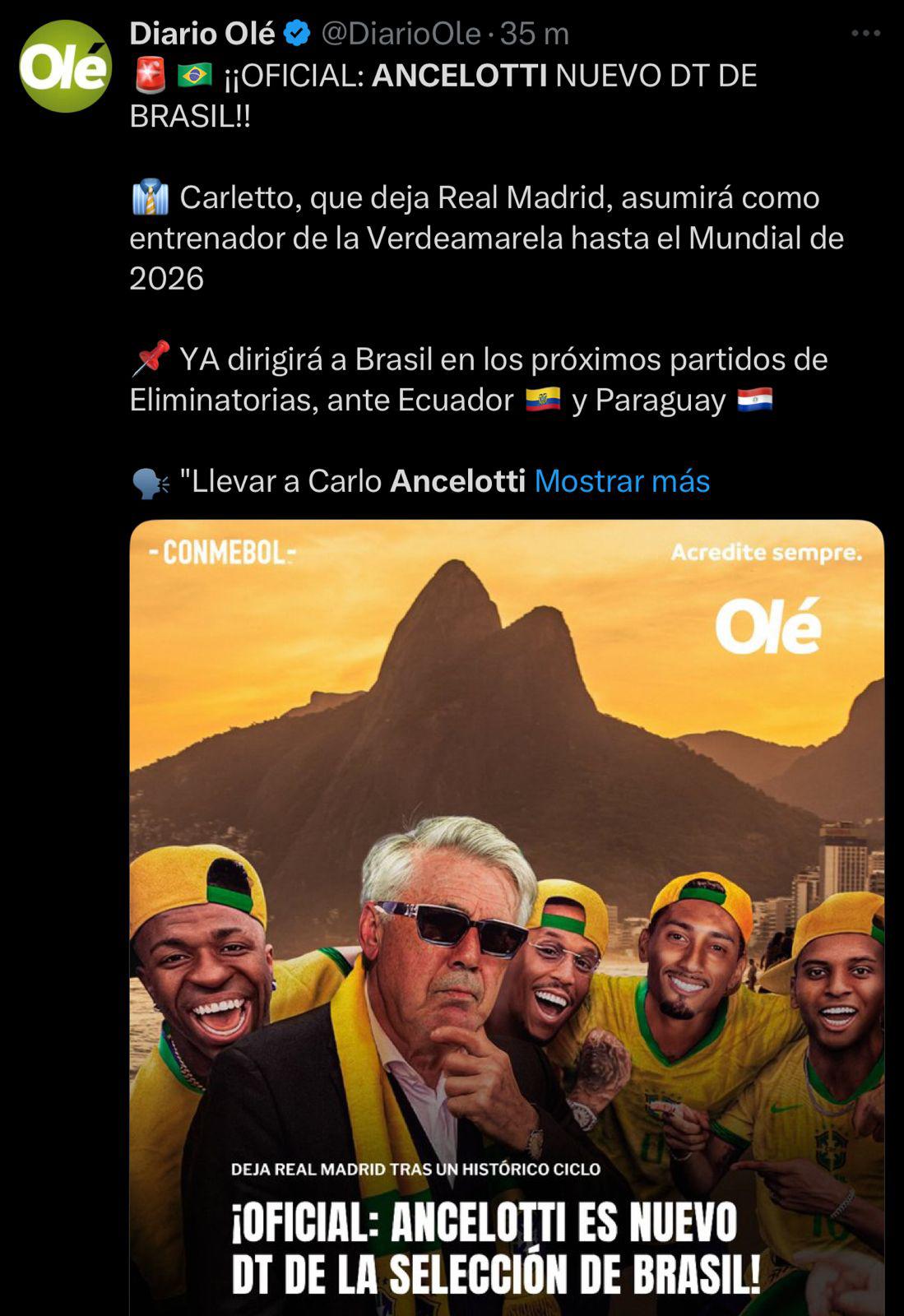 Tiemblan en Argentina, Nombramiento histórico: así reacciona la prensa tras el fichaje de Ancelotti a Brasil