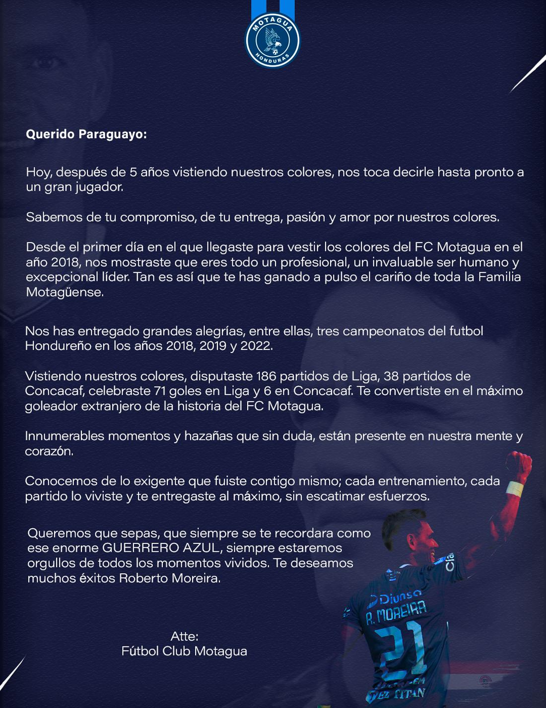 La emotiva carta de Motagua a Roberto Moreira.