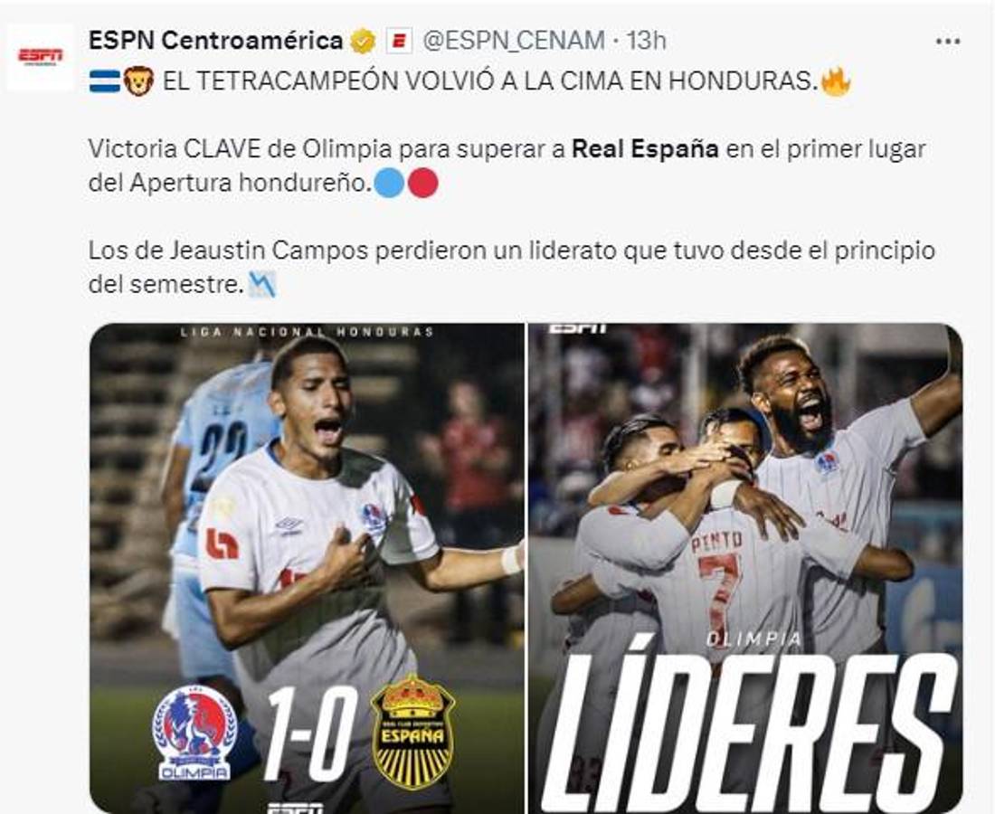 Así reaccionó la prensa hondureña al liderato de Olimpia y caída de Real España: el posteo de ESPN y del propio club albo