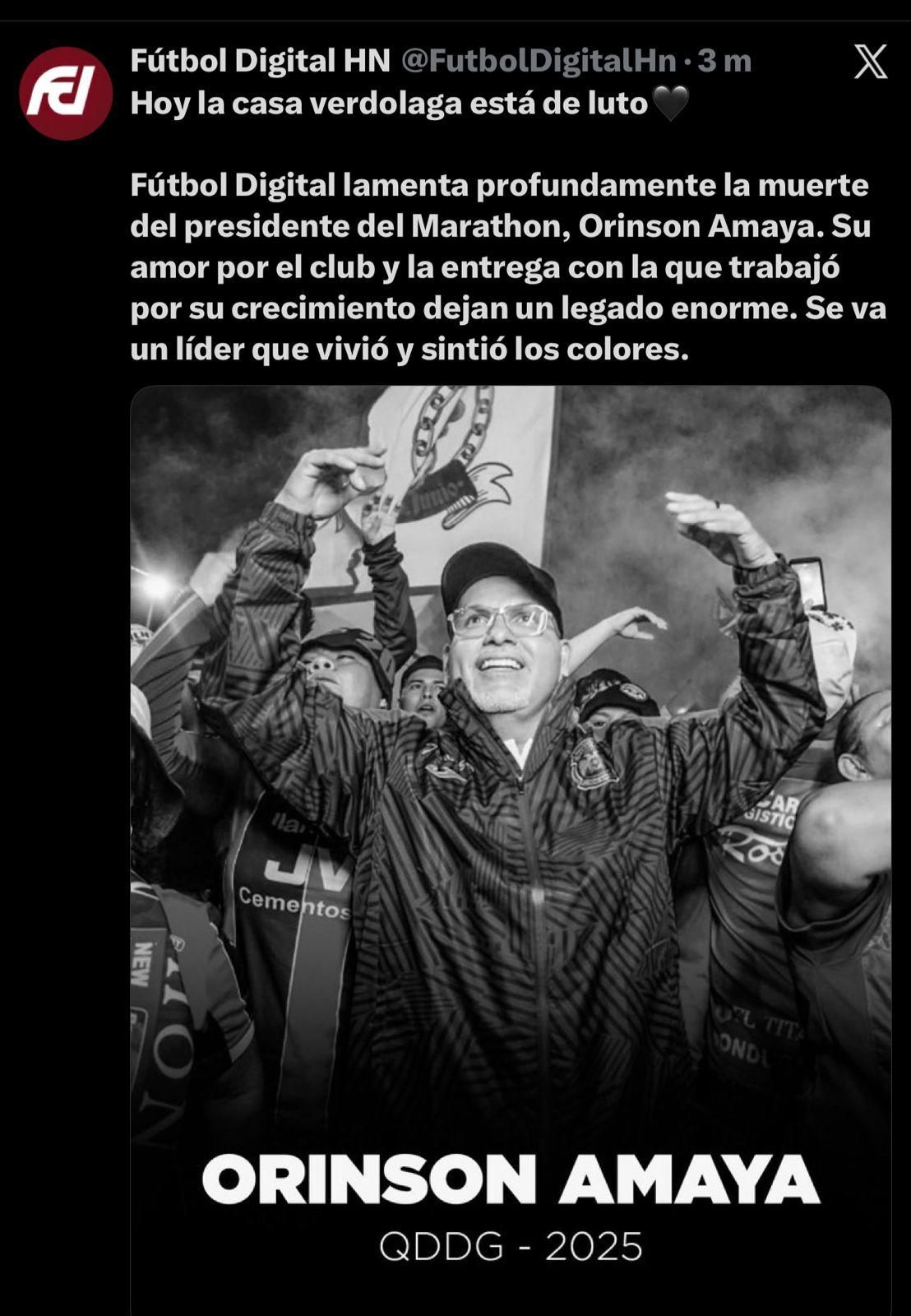 Rely Maradiaga hace promesa: así reacciona la prensa al fallecimiento del presidente de Marathón, Orinson Amaya: Eterno