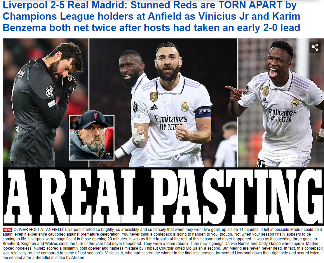 ¡En Inglaterra despedazan al Liverpool! Medios se rinden al supremo Real Madrid que goleó en Champions League