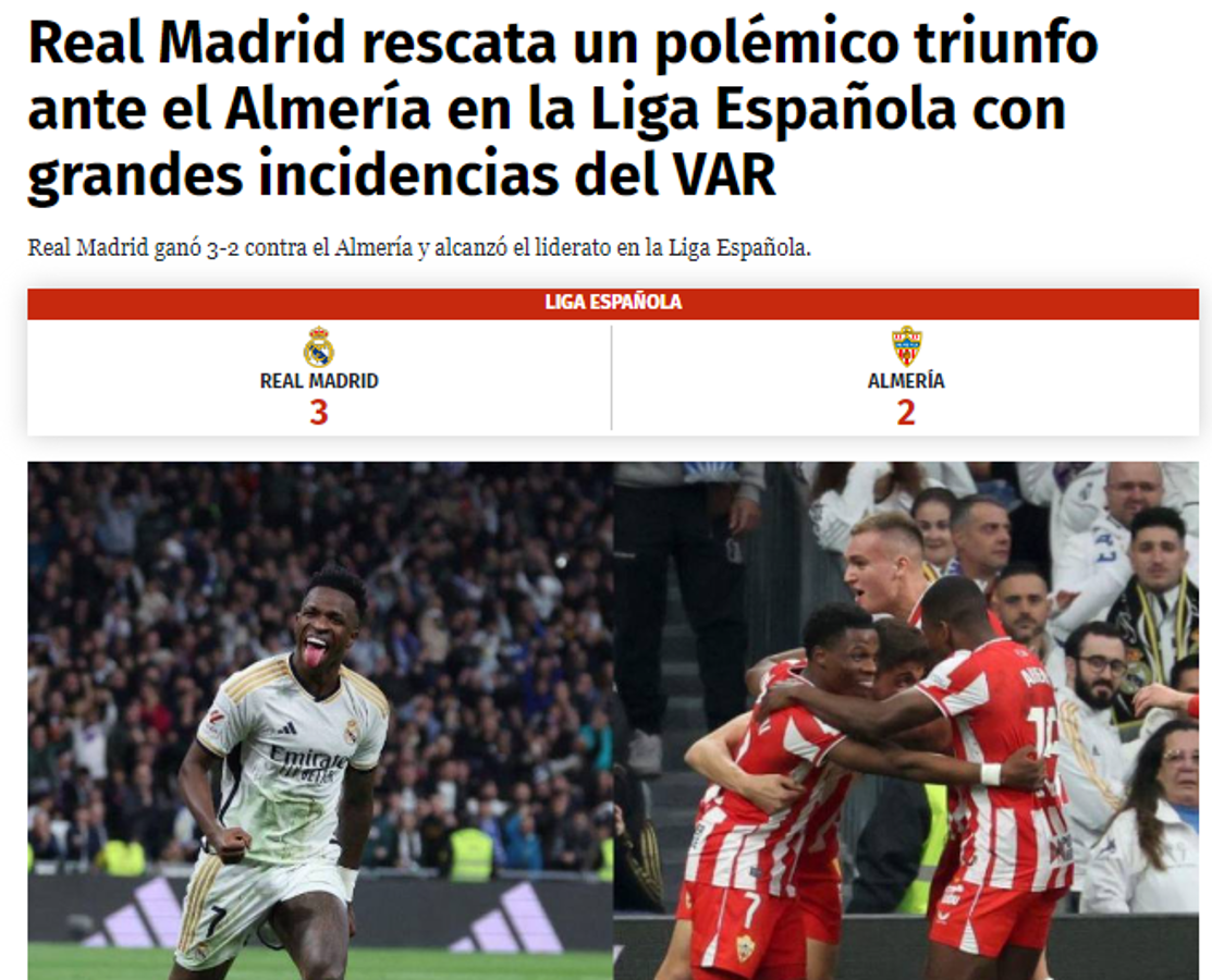 La feroz publicación del Almería y así reacciona la prensa al “robo” del Real Madrid en el Bernabéu