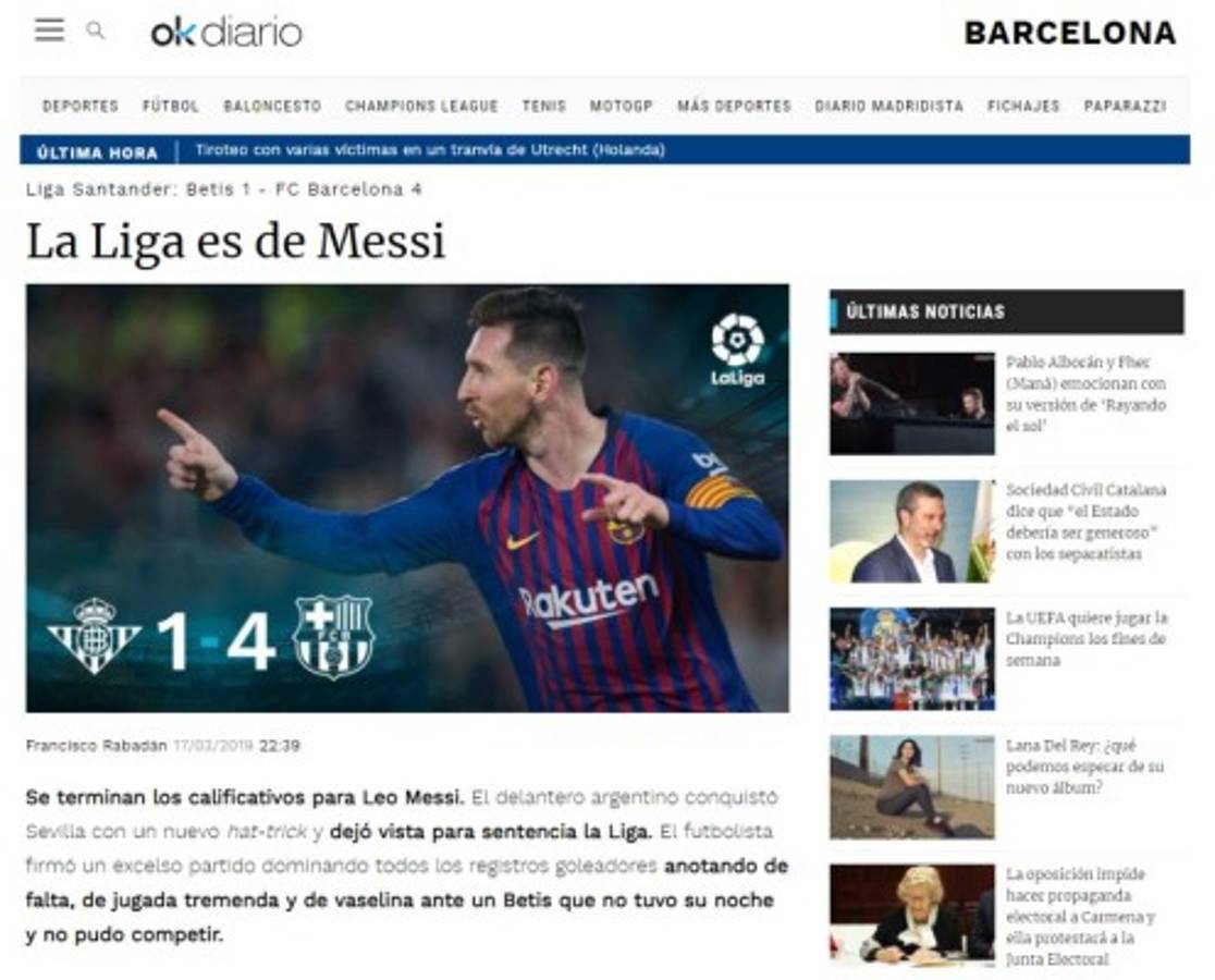 Las portada se rinden a Lionel Messi tras el hattrick contra el Betis en La Liga