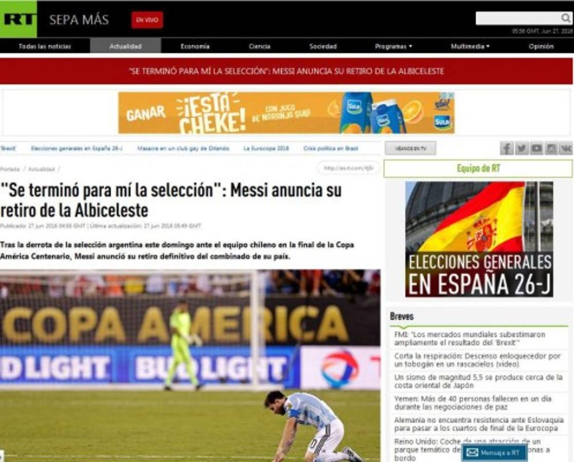 Prensa mundial impactada por el retiro de Messi de la selección