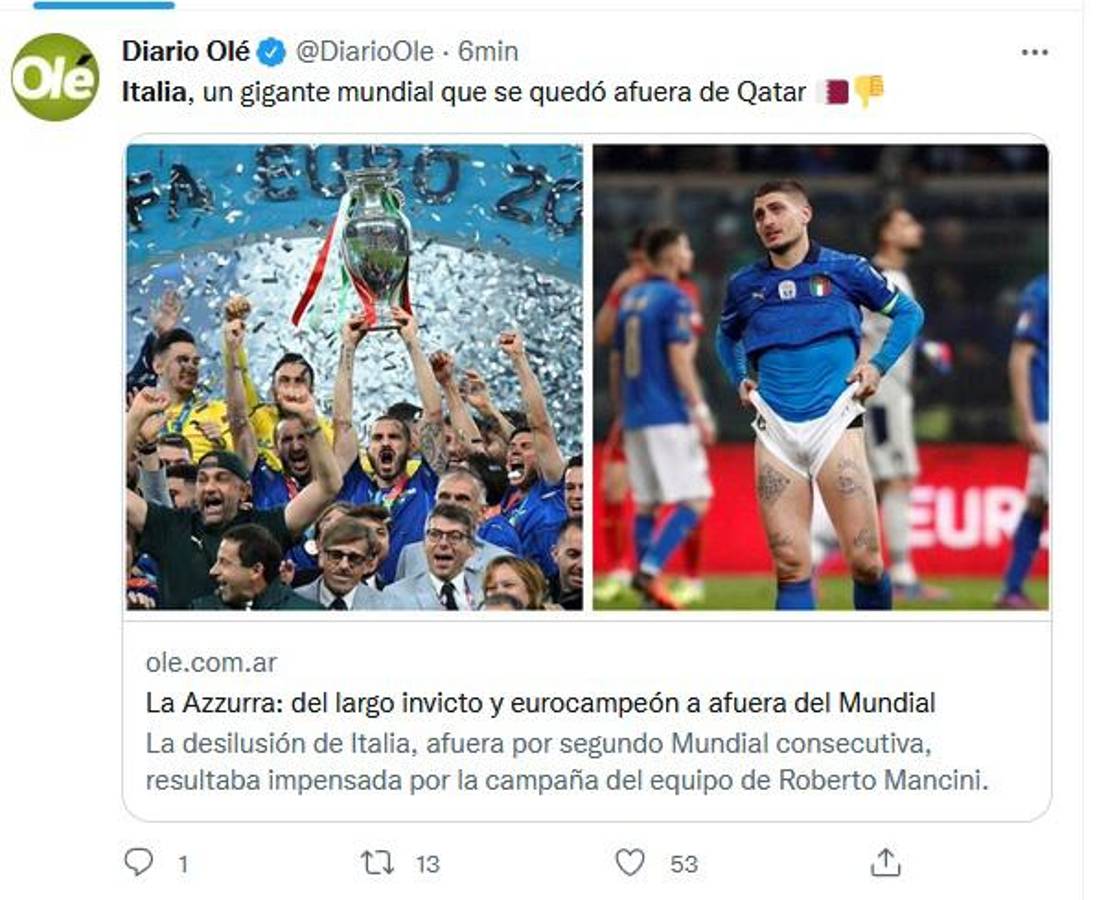 “Otro desastre” y “tragedia”: Lo que dice la prensa mundial tras el nuevo fracaso de Italia, afuera de Qatar 2022