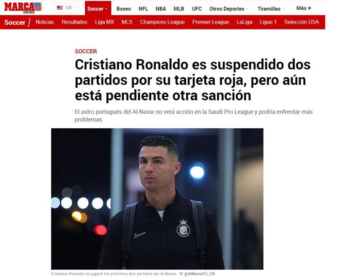 Marca confirmó que Cristiano Ronaldo fue suspendido por dos partidos en la Saudí Pro League. Espera otro castigo.