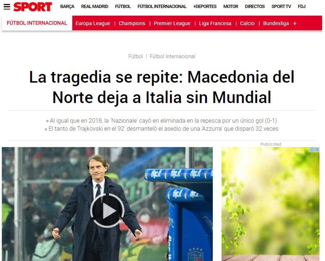 “Otro desastre” y “tragedia”: Lo que dice la prensa mundial tras el nuevo fracaso de Italia, afuera de Qatar 2022