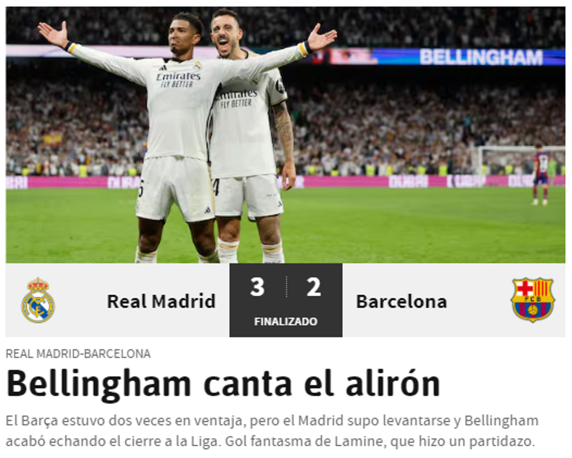 La prensa reacciona luego del triunfo del Real Madrid en el Clásico: “Barcelona alcanza un nuevo nadaplete”
