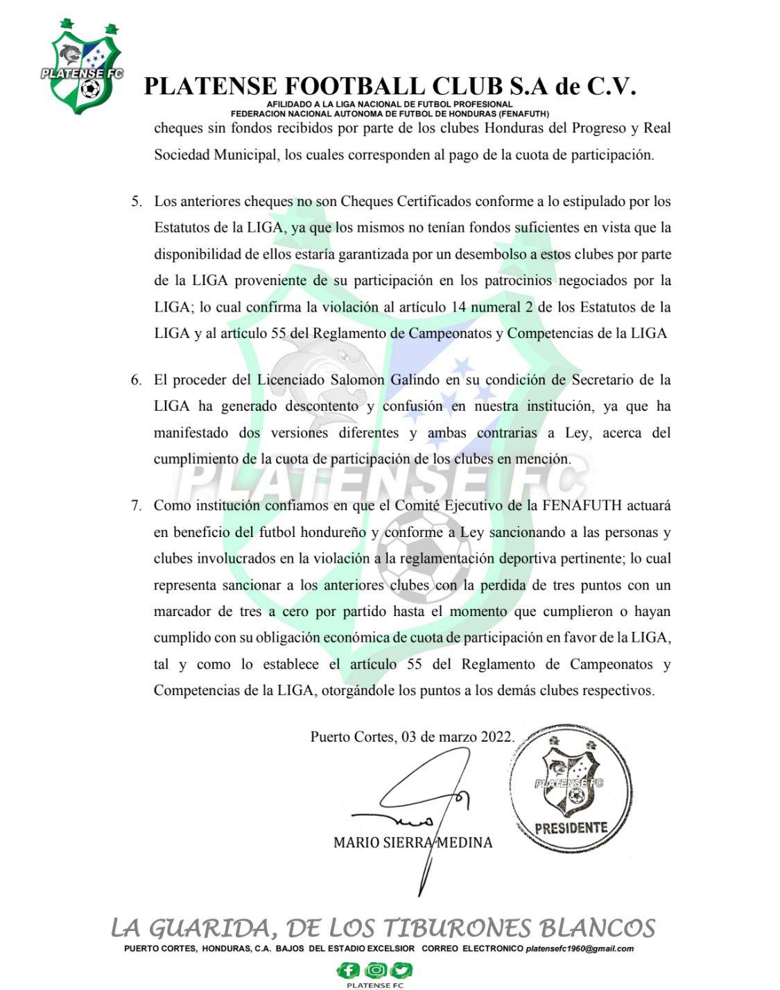 Platense denuncia que Salomón Galindo remitió cheques sin fondos de Honduras Progreso y Real Sociedad para pago de “cuota de participación”