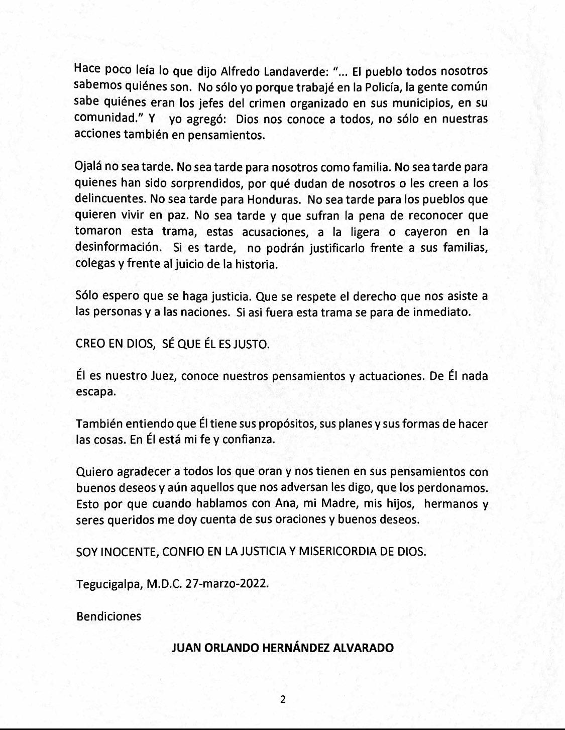 Carta abierta de Juan Orlando Hernández a Honduras: “Podría llegar a convertirme en un muerto en vida”