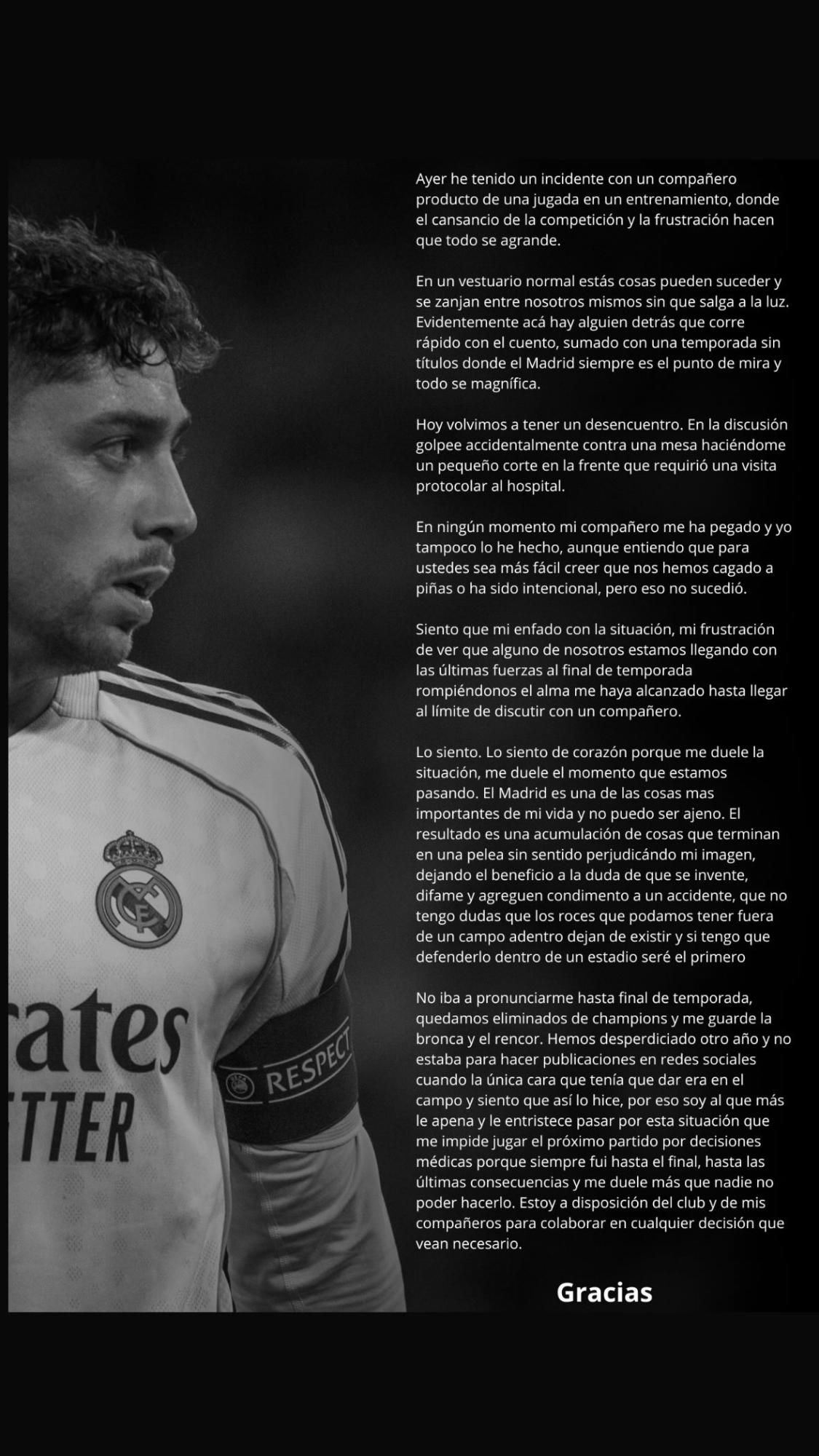 El comunicado oficial de Federico Valverde en su cuenta de Instagram.