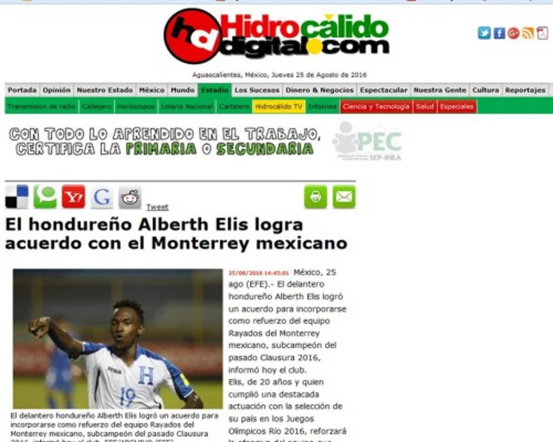 La prensa mexicana sobre Alberth Elis: 'Monterrey ficha a la joyita hondureña'