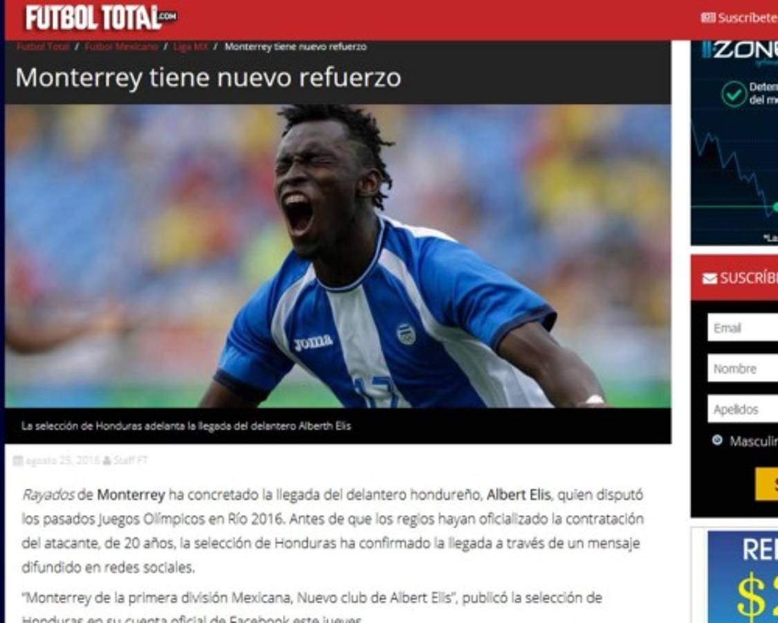 La prensa mexicana sobre Alberth Elis: 'Monterrey ficha a la joyita hondureña'