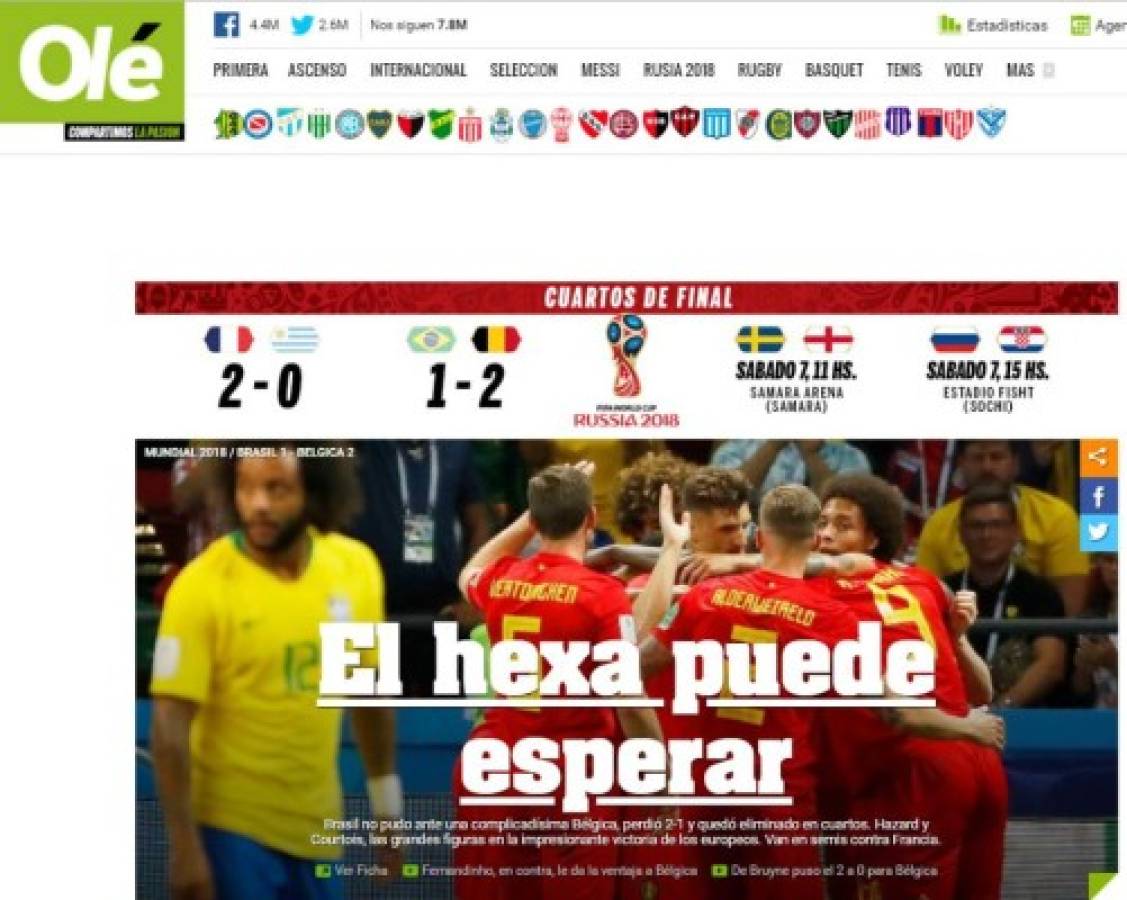 PORTADAS: Así titulan los medios argentinos el fracaso de Brasil ante Bélgica